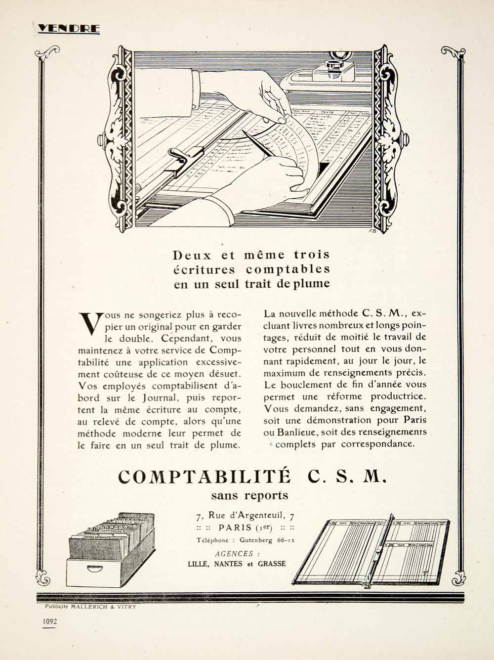 1924 Ad Comtabilite Accounting Filing Systems Books French 7 Rue VEN3
