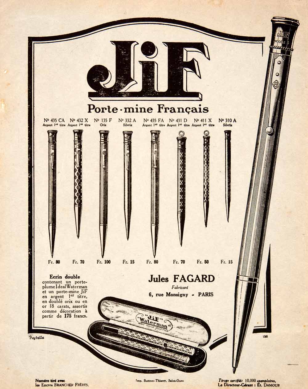 1924 Lithograph Ad JiF Jules Fagard 6 Rue Monsigny Mechanical Pencil Silver VEN3