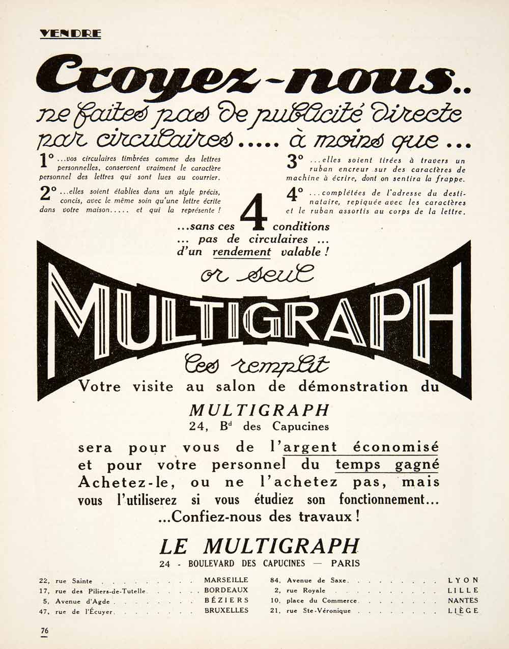 1925 Ad Multigraph 24 Boulevard Capucines French Machine Office Art Deco VEN3