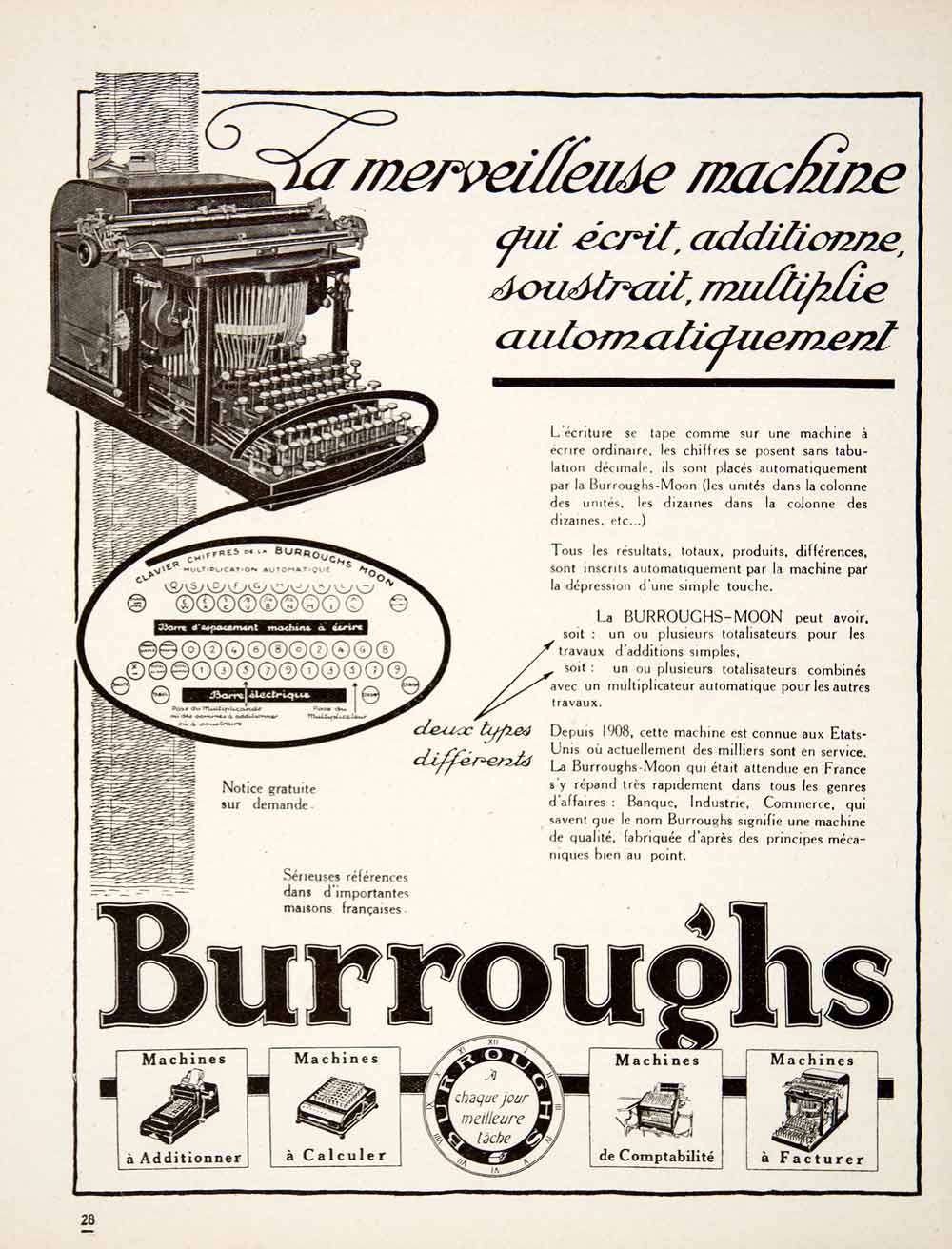 1925 Ad Burroughs Typewriter Calculator Machine Office Device French Moon VEN3