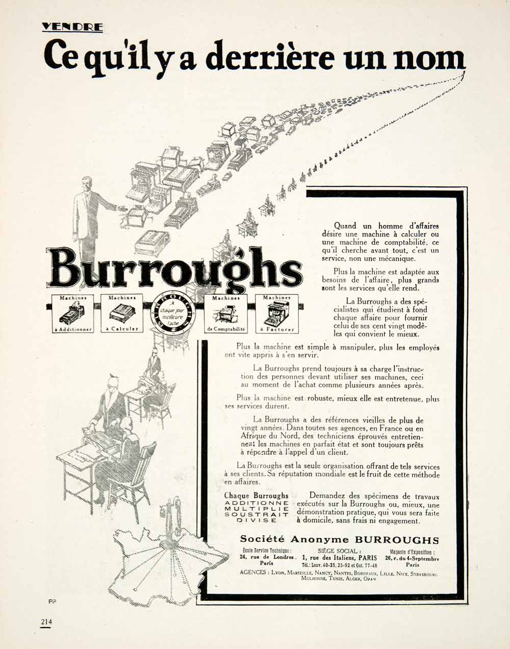 1925 Ad Burroughs Typing Machines Typewriters Calculating 1 Rue Italiens VEN3