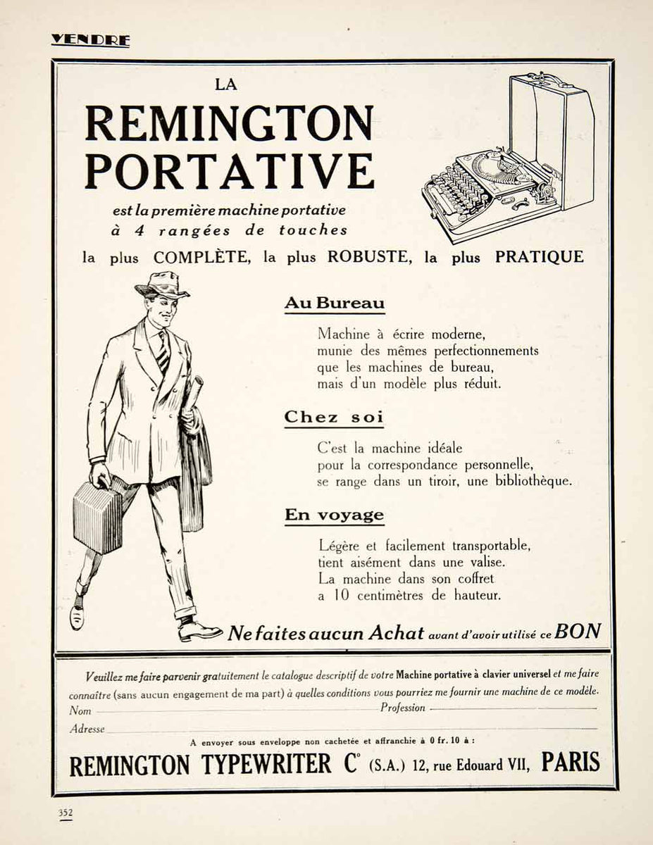 1925 Ad Remington Portative Portable Typewriter Case French Machine Cl ...
