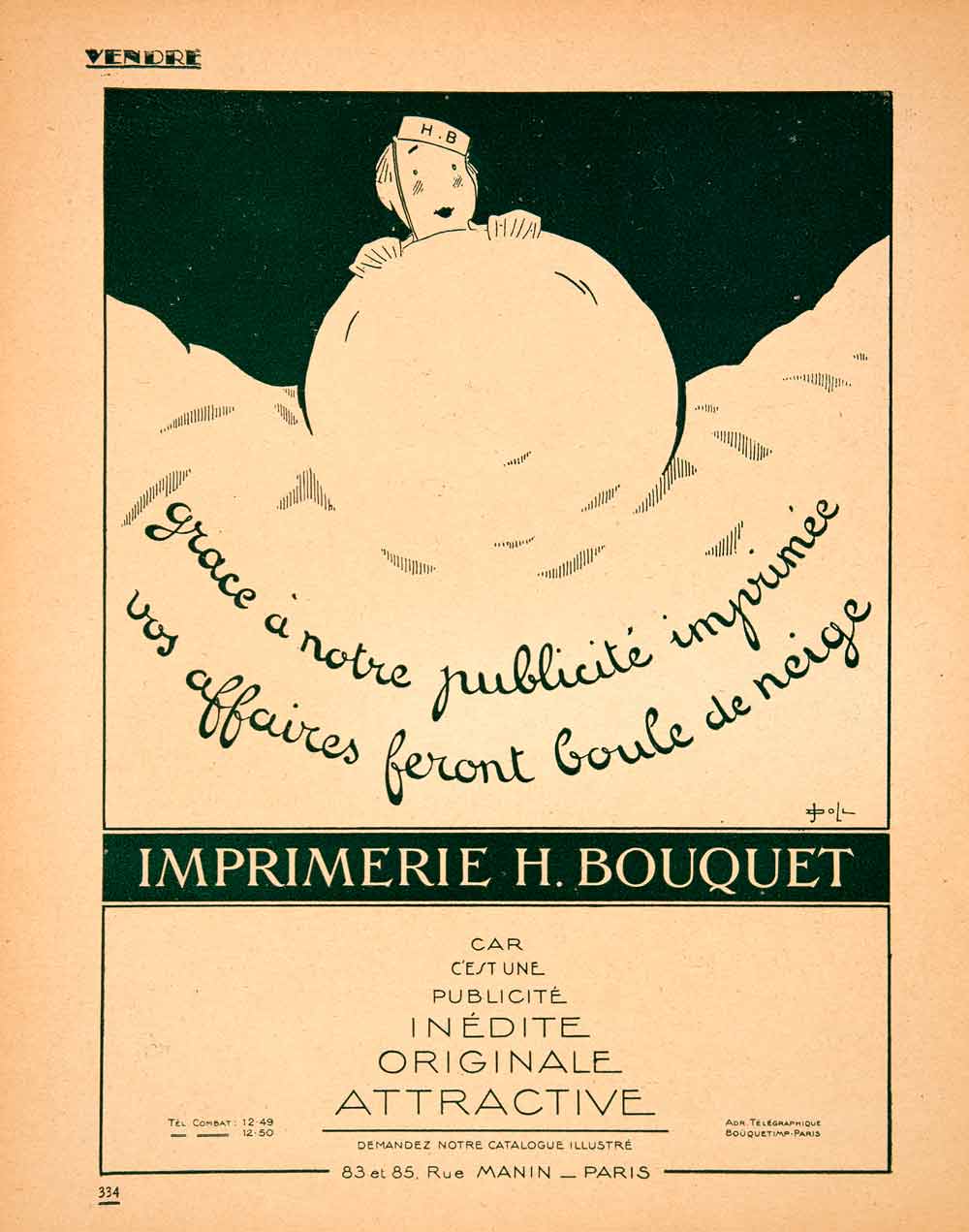 1925 Lithograph Ad Imprimerie H Bouquet Advertising Snowball 83 Rue Manin VEN3
