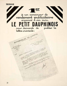 1925 Ad Lafitte Automobiles Petit Dauphinois Advertising Newspaper VEN3