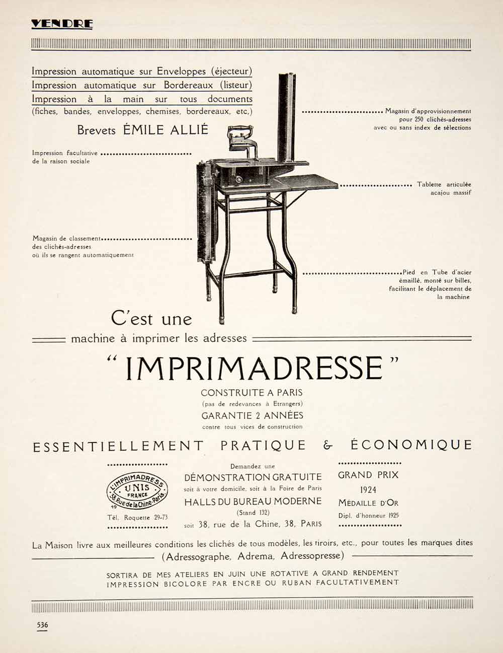 1925 Ad Imprimadresse Emile Allie Adressing Machine Imprinter 38 Rue Chine VEN3