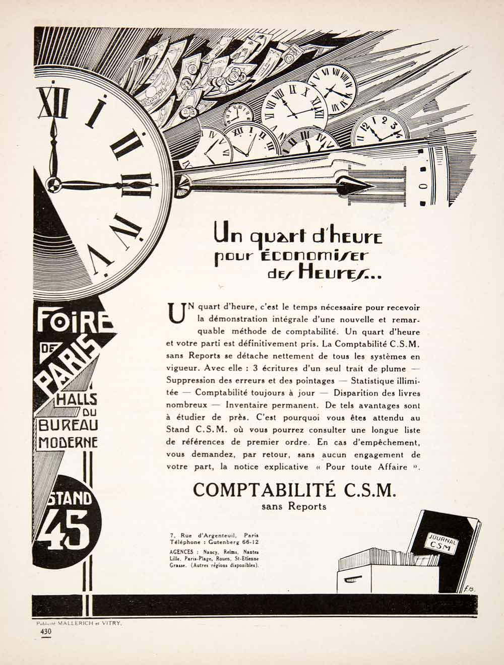 1925 Ad Comptabilite CSM Accounting Clocks Time Foire Paris Fair French VEN3
