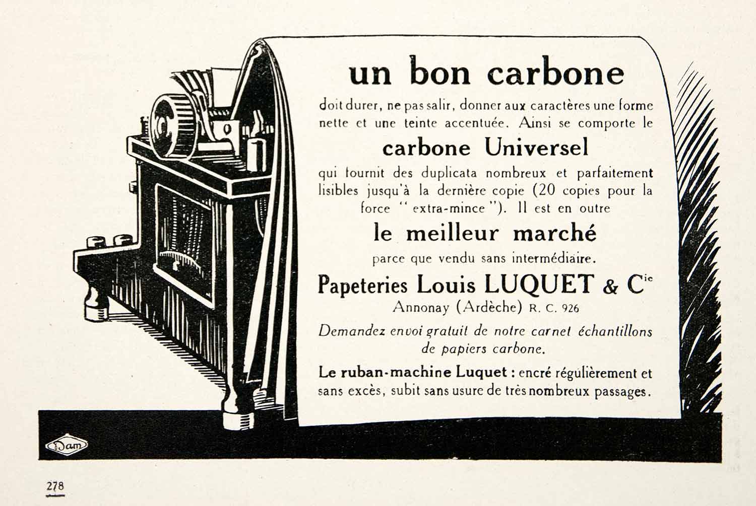 1924 Ad Carbon Paper Louis Luquet Stationary French Typewriter Ribbon VEN3
