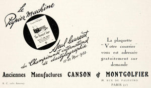 1924 Ad Canson Montgolfier 39 Rue Palestro Typewriter Paper Stock French VEN3
