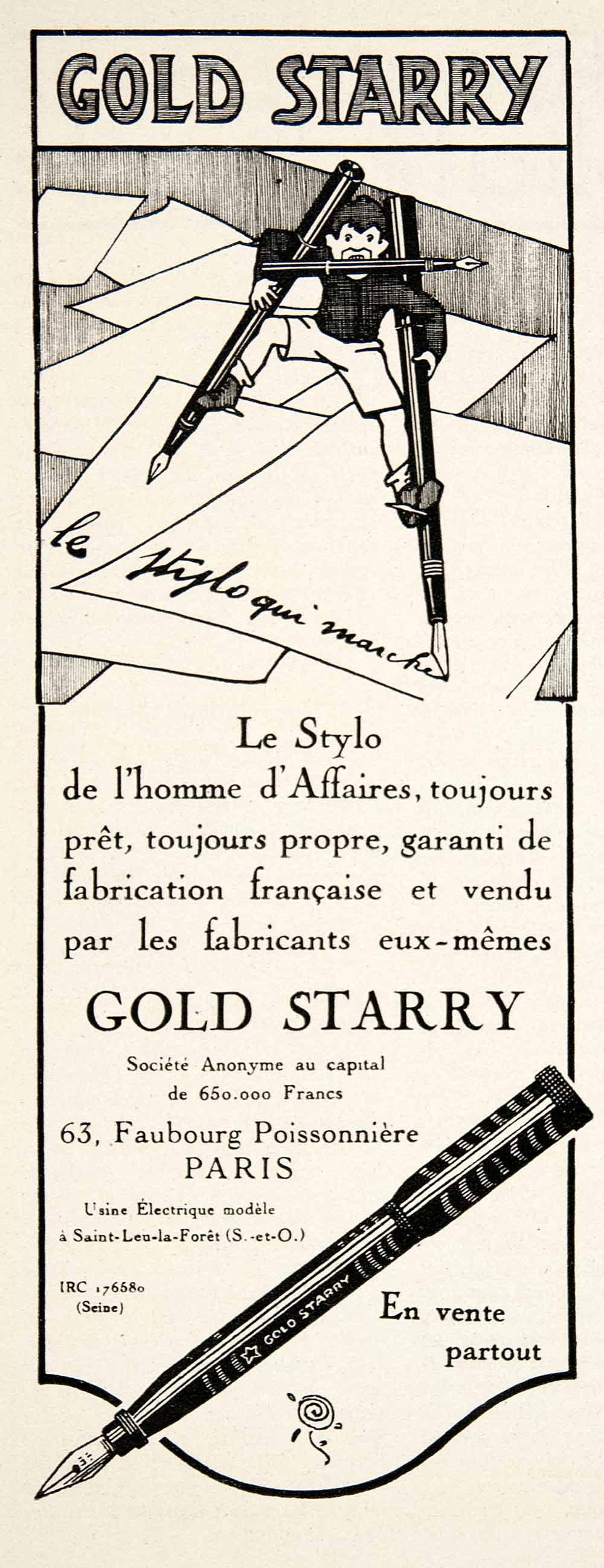 1924 Ad Gold Starry Pen Silts 63 Faubourg Poissonniere French Writing VEN3