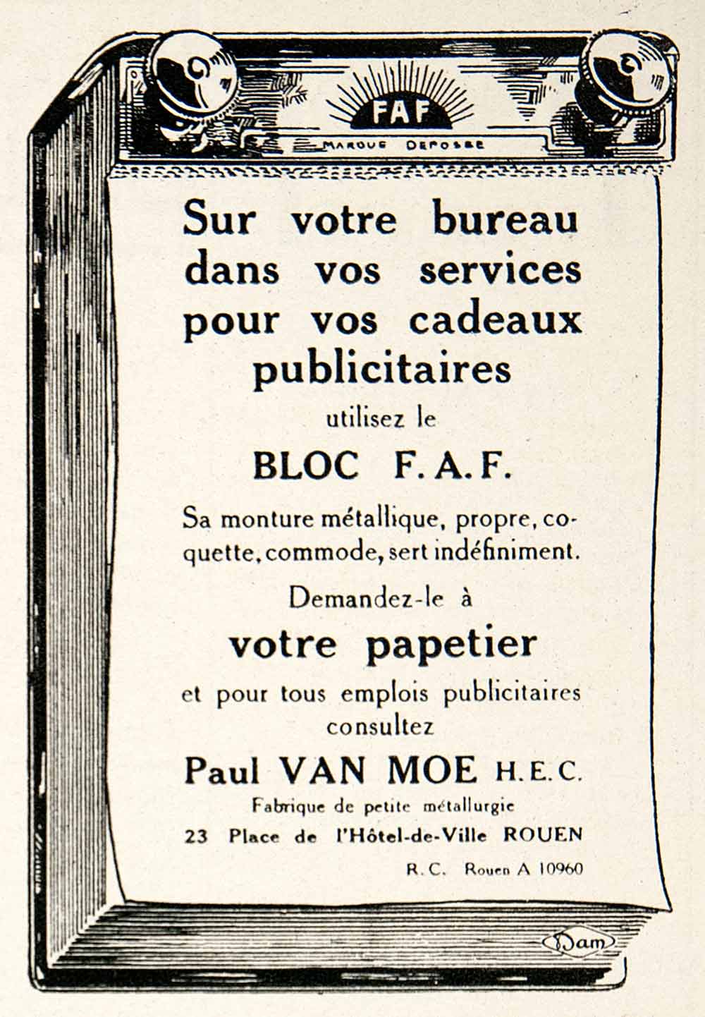 1924 Ad Bloc F.A.F. Paul Van Moe Stationary Notepad Noteblock 23 Hotel-de VEN3