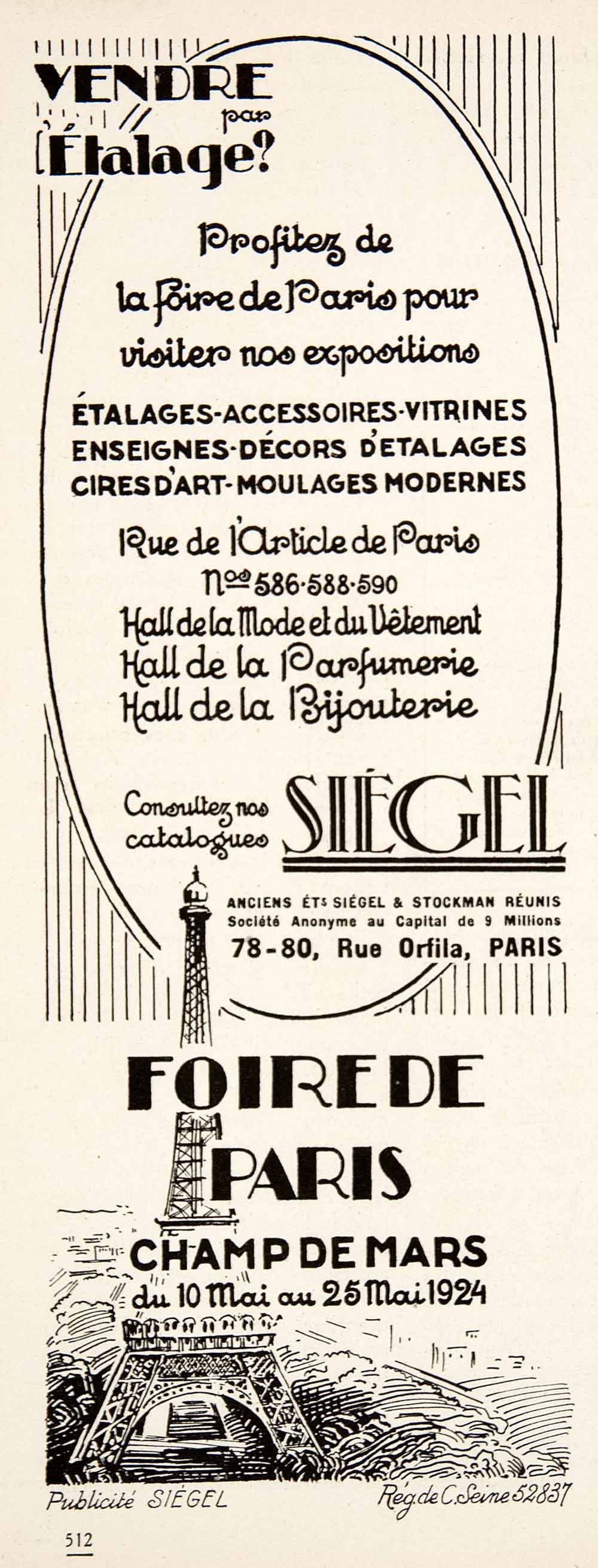 1924 Ad Champ Mars Tour Eiffel Tower Paris Siegel Hall Foire Fair Stockman VEN3