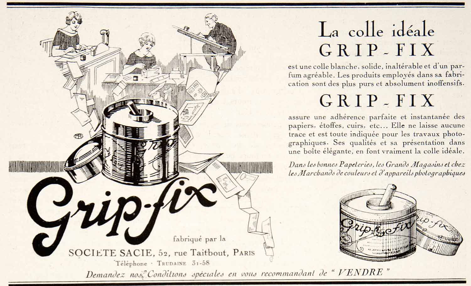1924 Ad Grip-Fix Sacie 52 Rue Taitbout Paris Glue Adhesive Paste Stationary VEN3