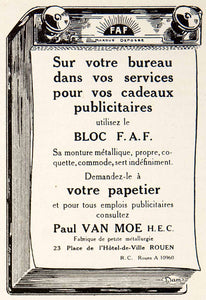 1924 Ad Bloc FAF Paul Van Moe 23 Plave Hotel-de-Ville Notepad Noteblock VEN3