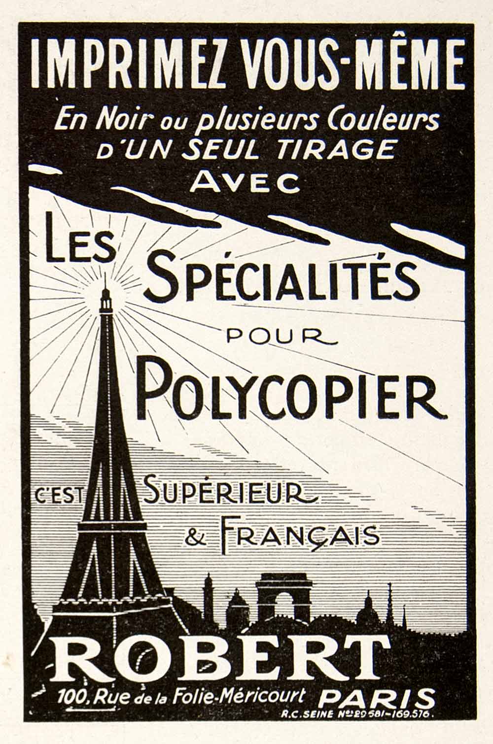 1924 Ad Polycopier Tour Eiffel Tower Robert 100 Folie-Mericourt Printing VEN3