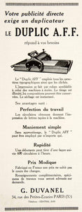 1924 Ad Duplic A.F.F. Copier Machine G Duvanel 34 Petites-Ecuries VEN3
