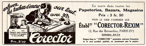 1924 Ad Corector-Rexim Ink Remover 12 Rue Bernardins French Eraser Mistake VEN3