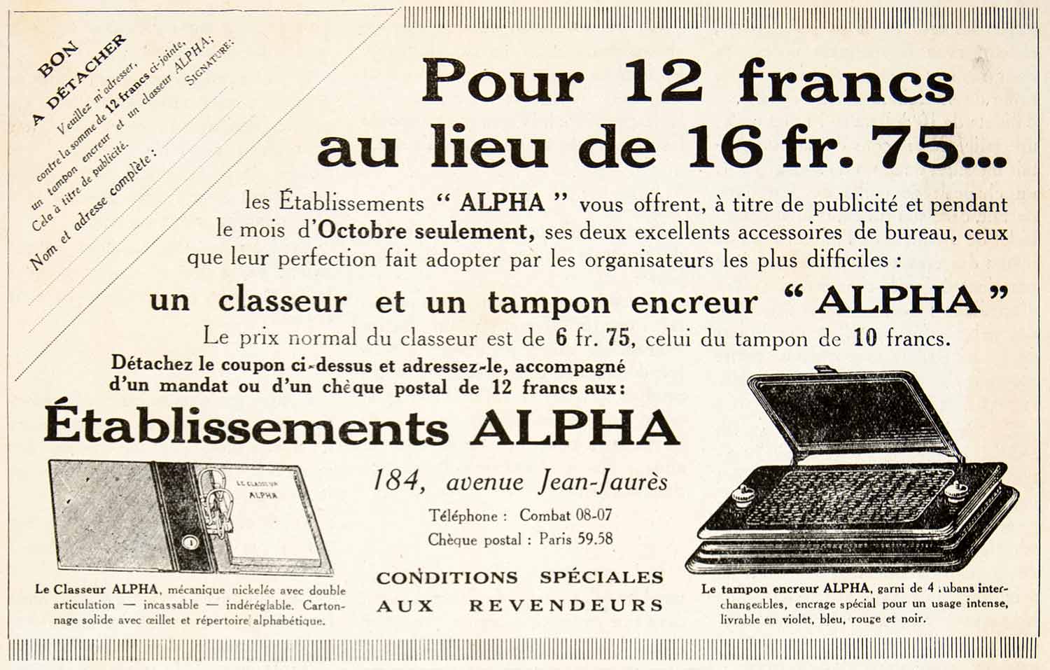 1924 Ad Alpha Ink Pad Binder French 184 Ave Jean-Jaures Office Supplies VEN3