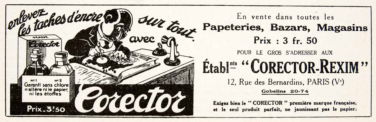 1925 Ad Corector-Rexim 12 Rue Bernardins Ink Erase Remover French Bleach VEN3