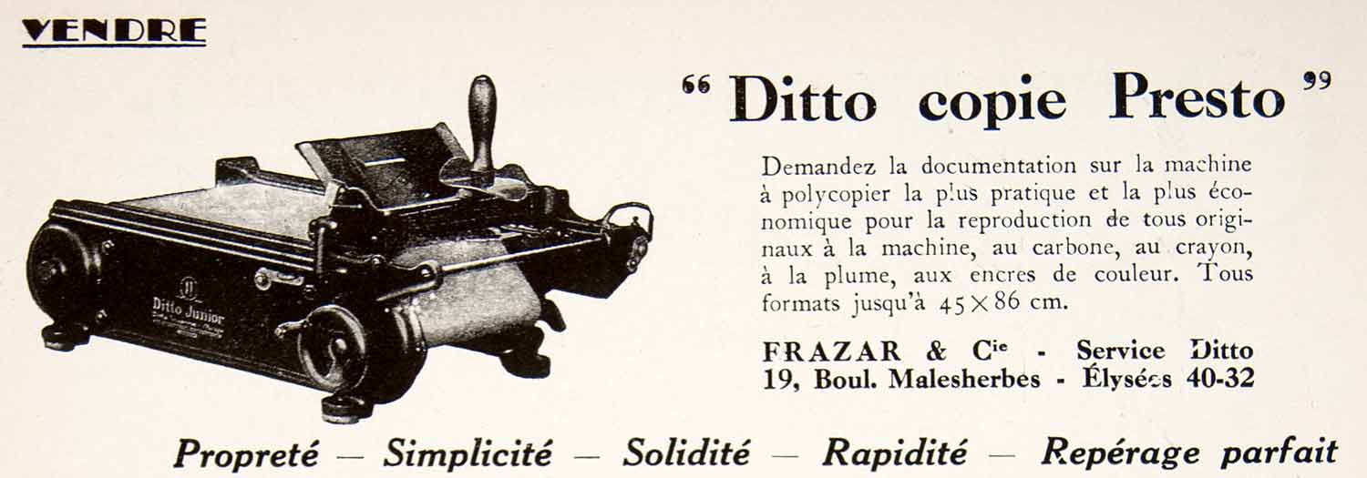 1925 Ad Polycopier Presto Frazar Malesherbes French Machine Replication VEN3
