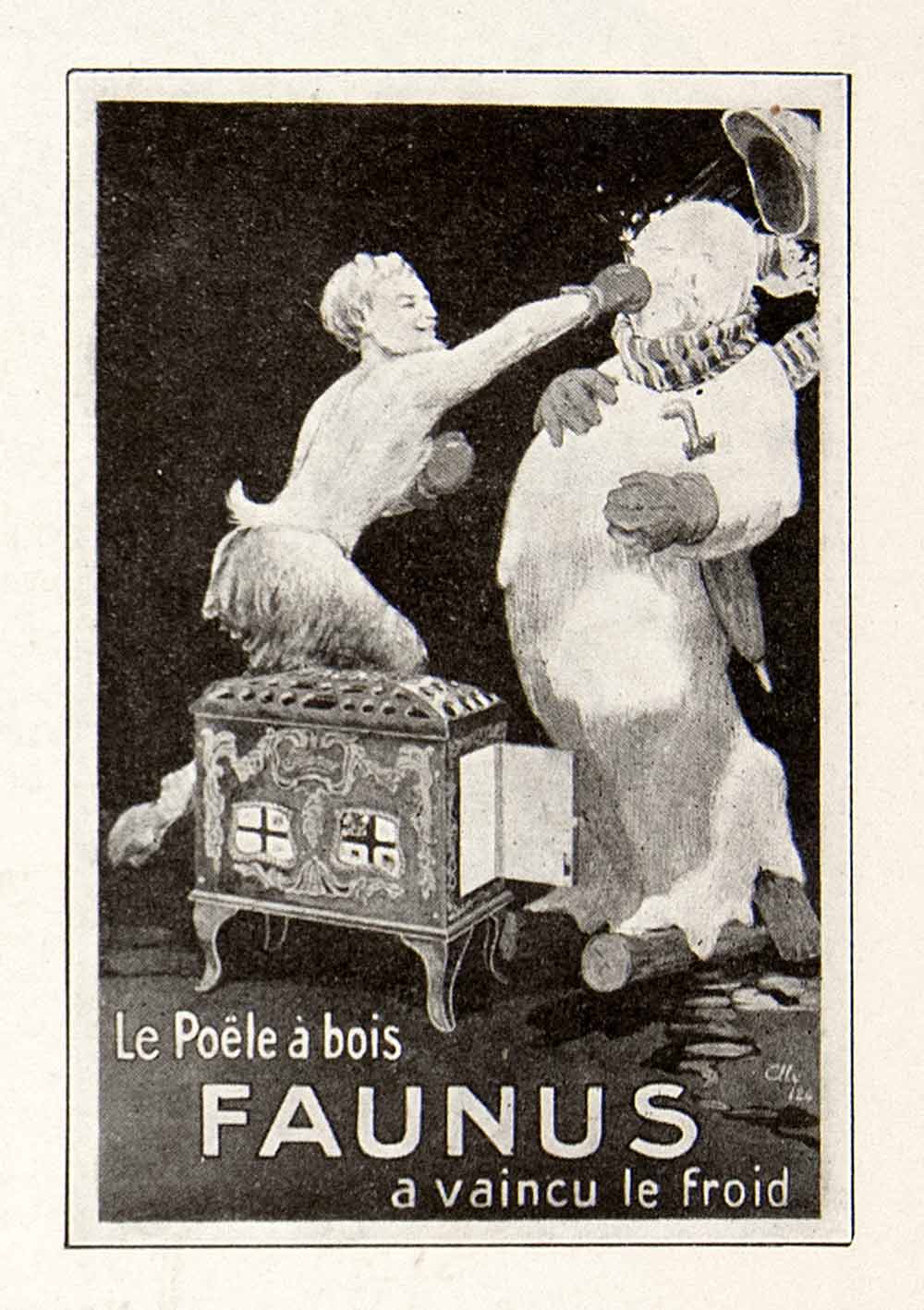 1924 Print Wood Stove Faunus Faun Snowman Battle French Snowball Fight VEN3
