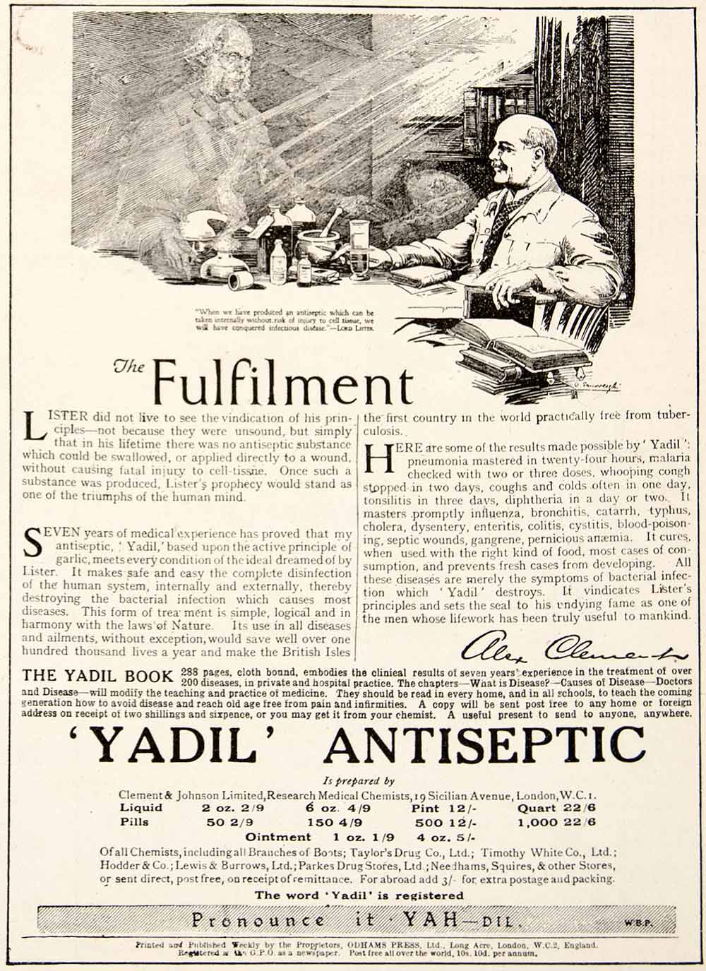1924 Print Yadil Antiseptic Alex Clement Johnson 19 Sicilian Ave London VEN3