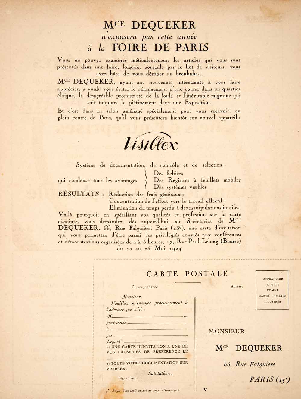 1924 Lithograph Ad Visiblex Dequeker 66 Rue Falguiere Registry Bookkeeping VEN3