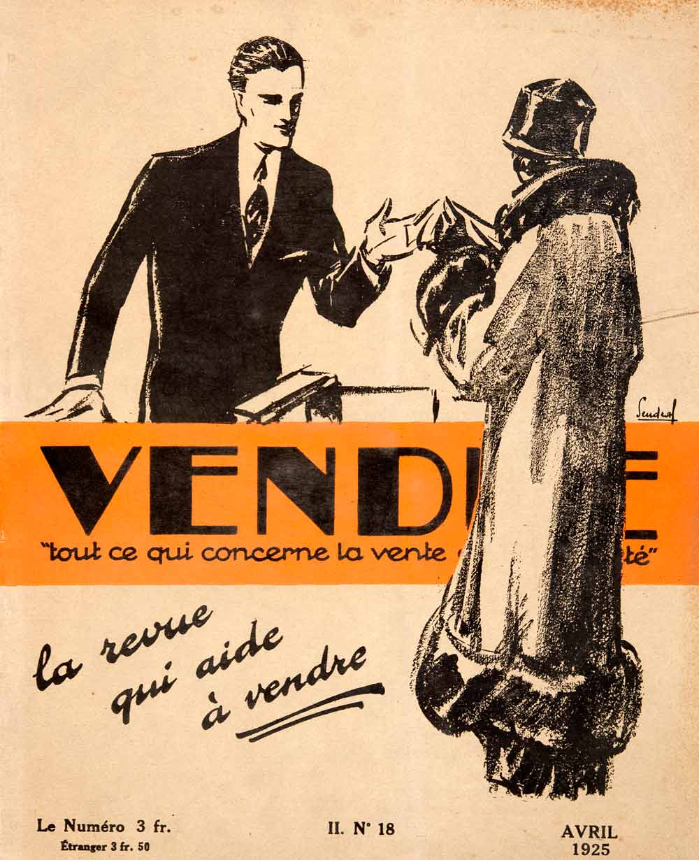 1925 Lithograph Cover Vendre Coat Fashion Figure Man Etienne Damour Couple VEN4
