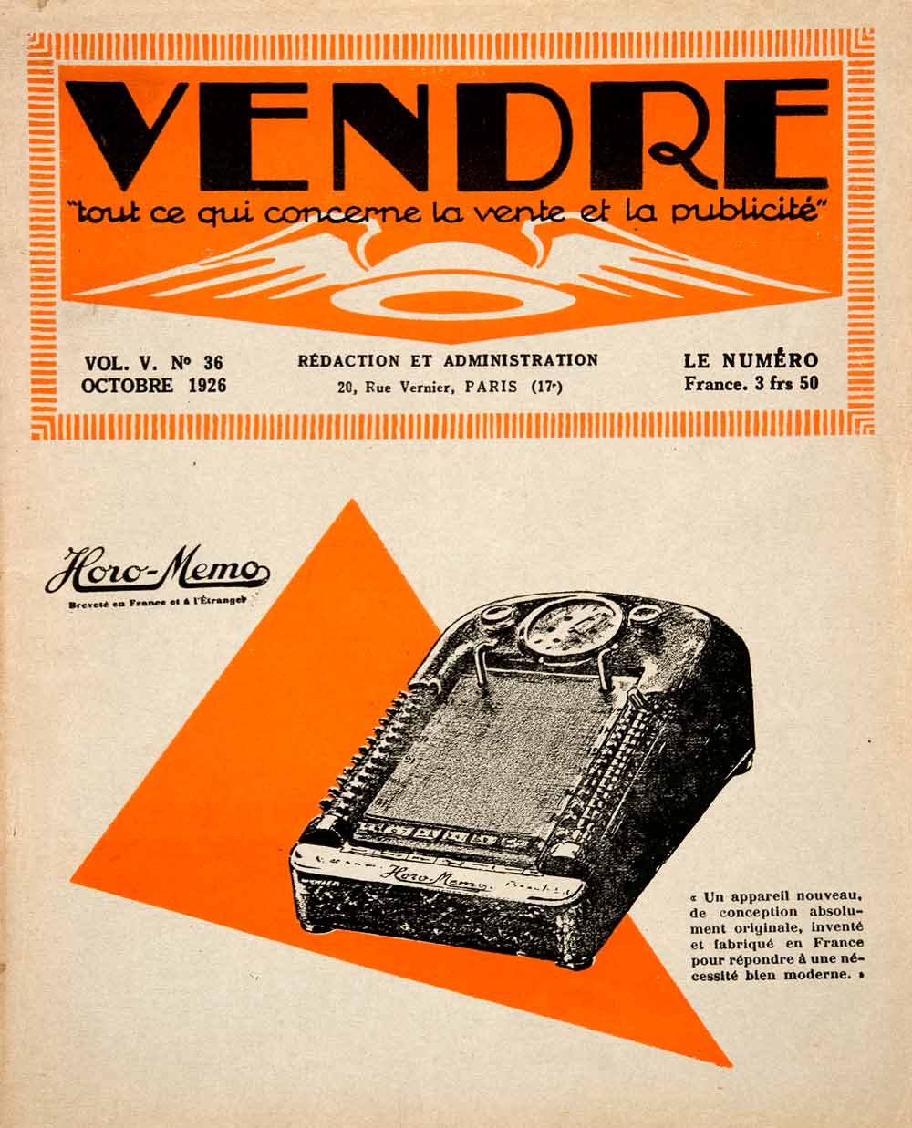 1926 Lithograph Cover Vendre Horo-Memo Alarm Clock Planner Datebook Helmet VEN4