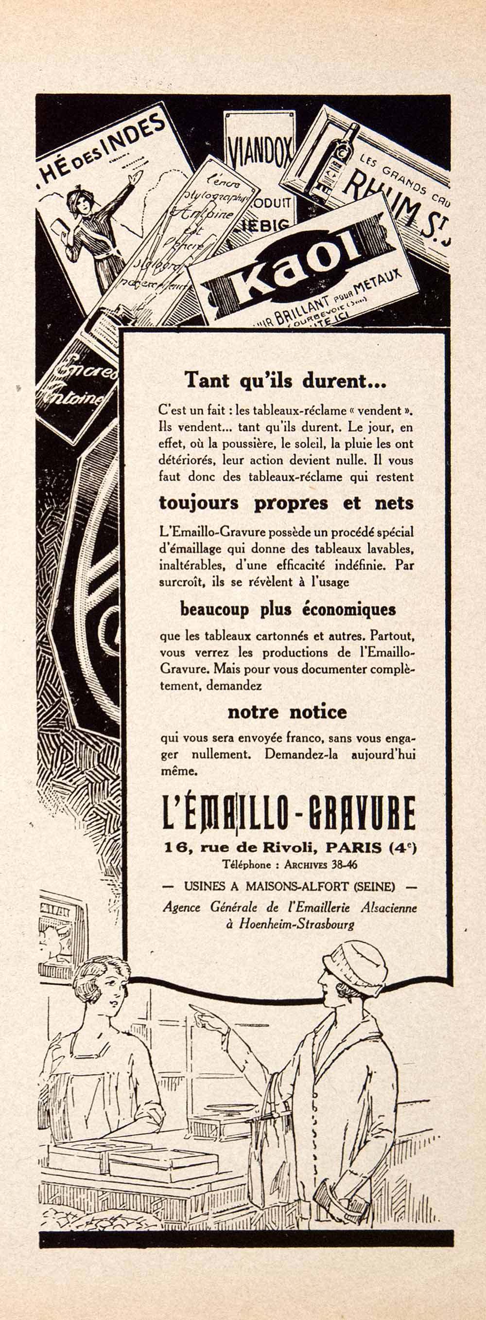 1925 Ad L'Emaillo-Gravure Marketing Enamel Signs Kaoi 16 Rue Rivoli Paris VEN4