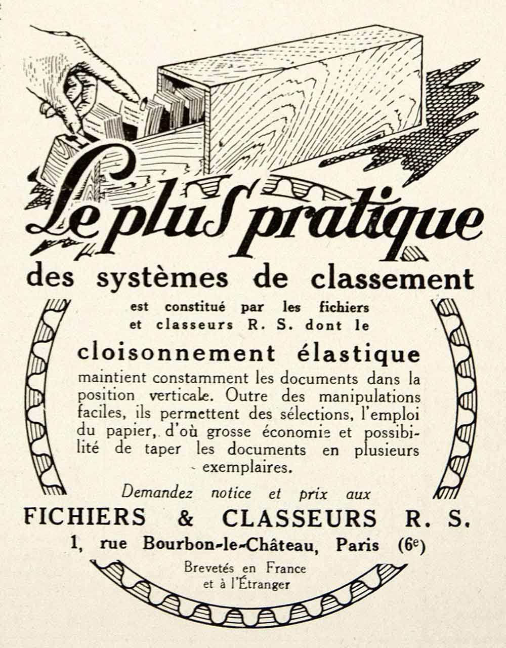 1925 Ad Fichiers Classeurs Filing 1 Rue Bourbon-le-Chateau French Office VEN4