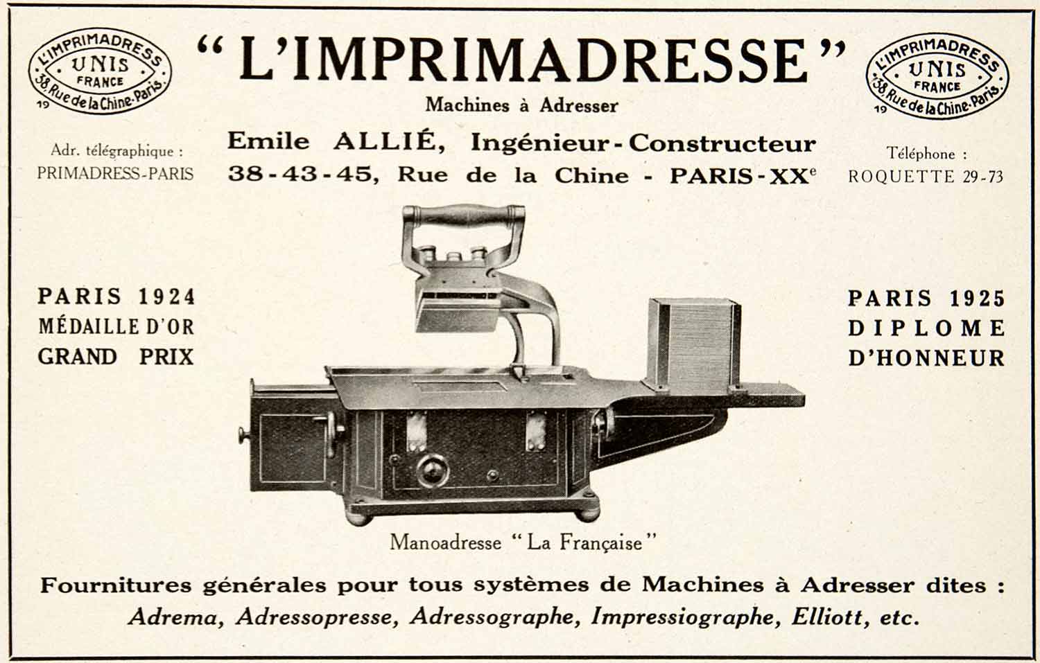 1925 Ad Imprimadresse Emile Allie Printing Press Unis France 38 Rue Chine VEN4