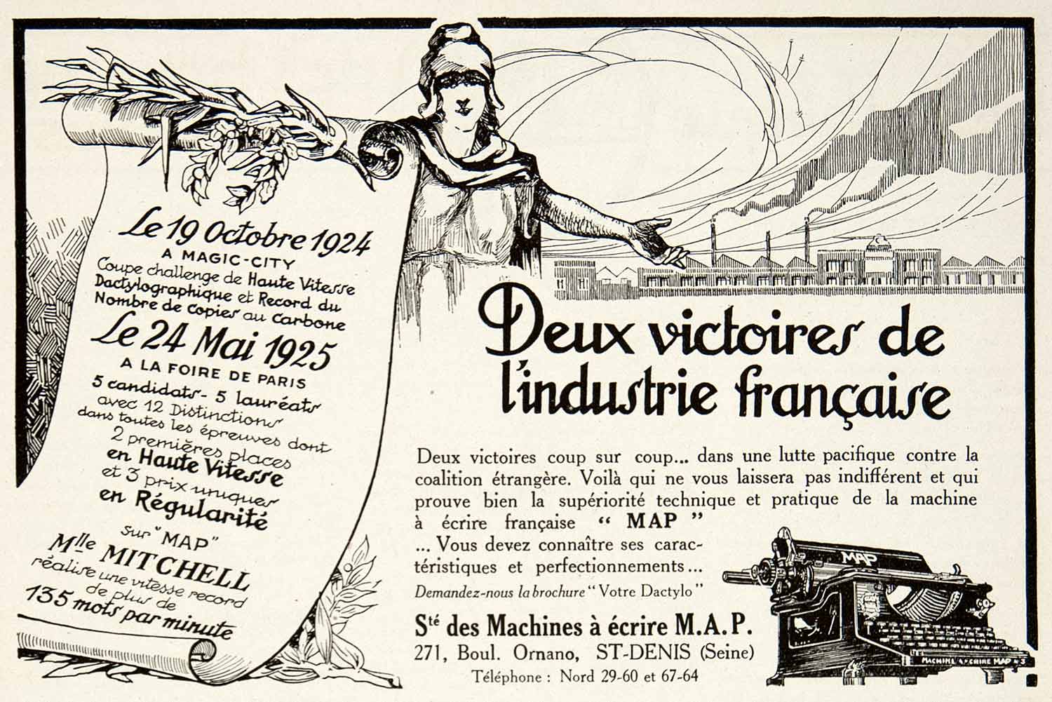 1925 Ad M.A.P. Typewriters Paris Fair 271 Bvd Ornano Dactylography VEN4