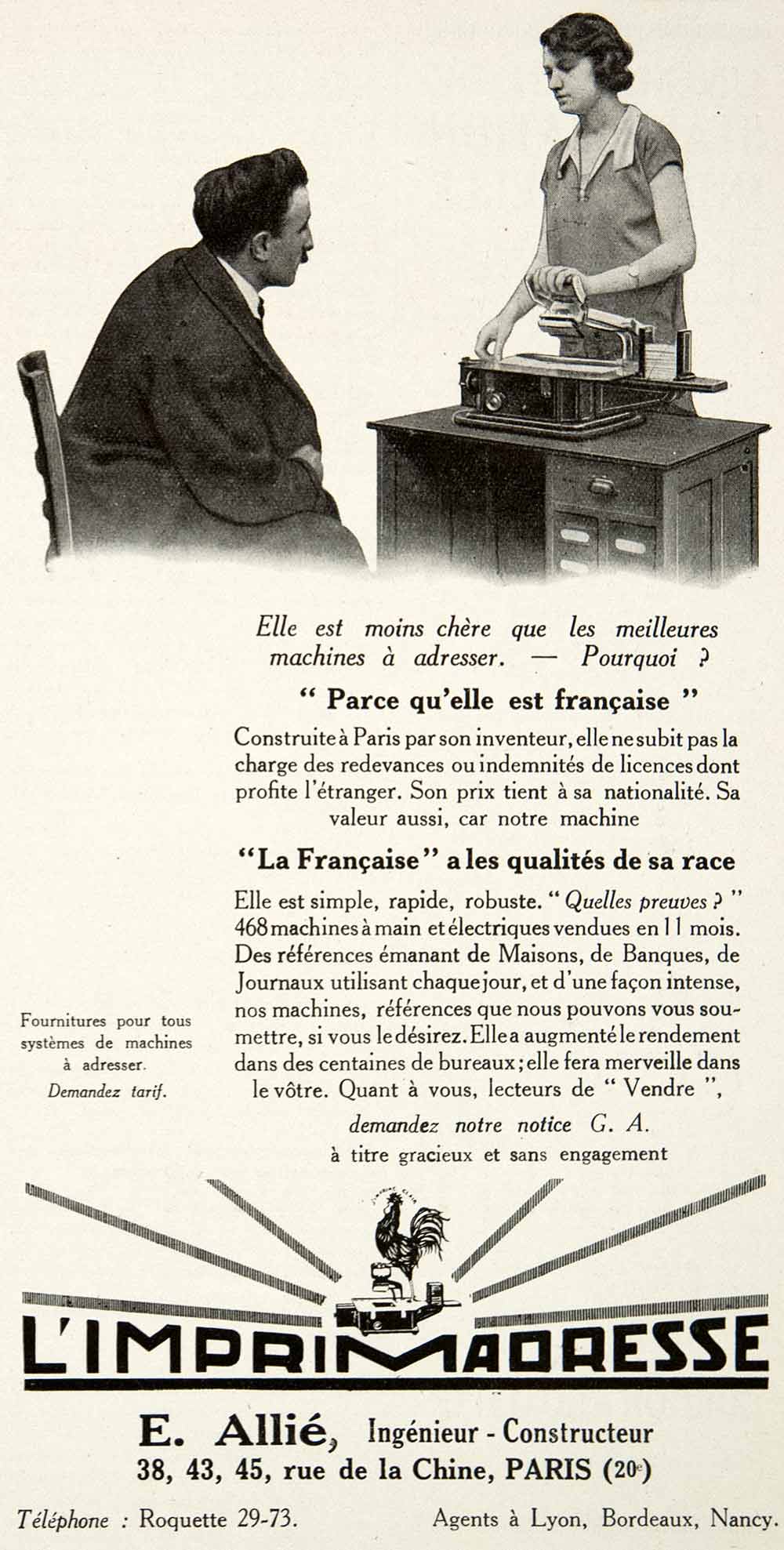 1925 Ad Imprimadresse Emile Allie Coq Printing Press 38 Rue Chine Paris VEN4