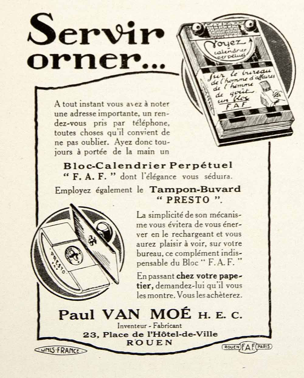 1925 Ad Tampon-Bouvard Presto FAF Address Book Calendar Planner Paul Van VEN4