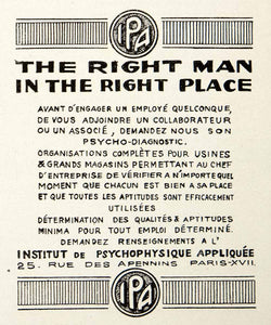 1925 Ad Institut Psychophysique Appliquee Paris IPA Psychological VEN4