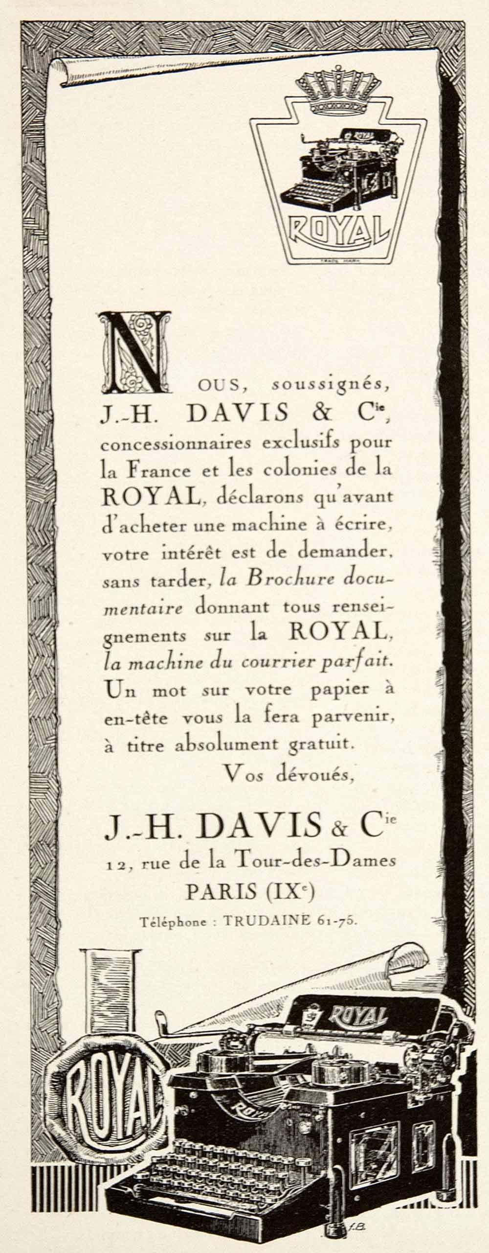 1925 Ad J H Davis 12 Rue Tour-des-Dames Paris Royal Typewriters French VEN4