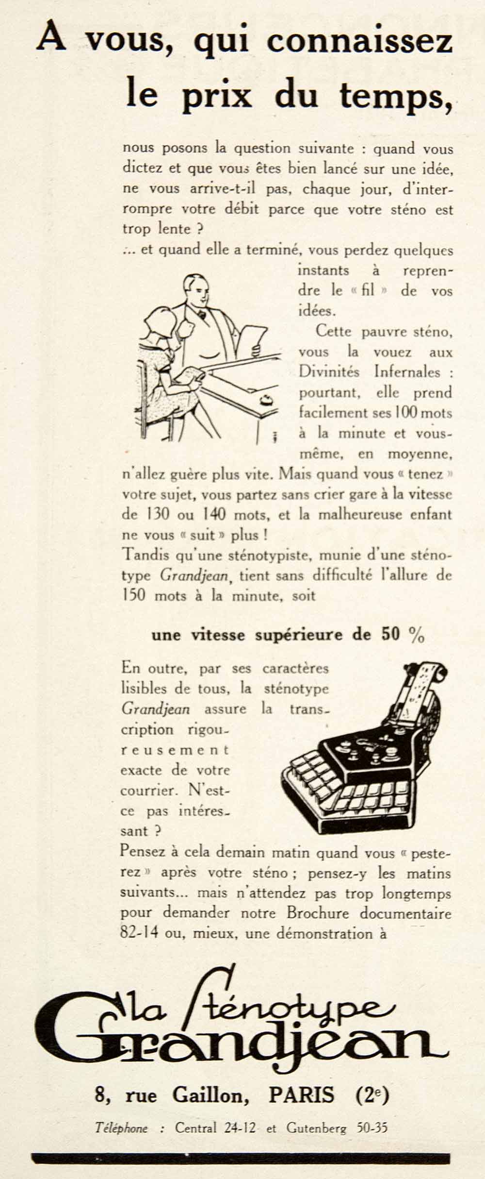 1925 Ad Stenotype Grandjean 8 Rue Gaillon Paris Typing Dictation French VEN4