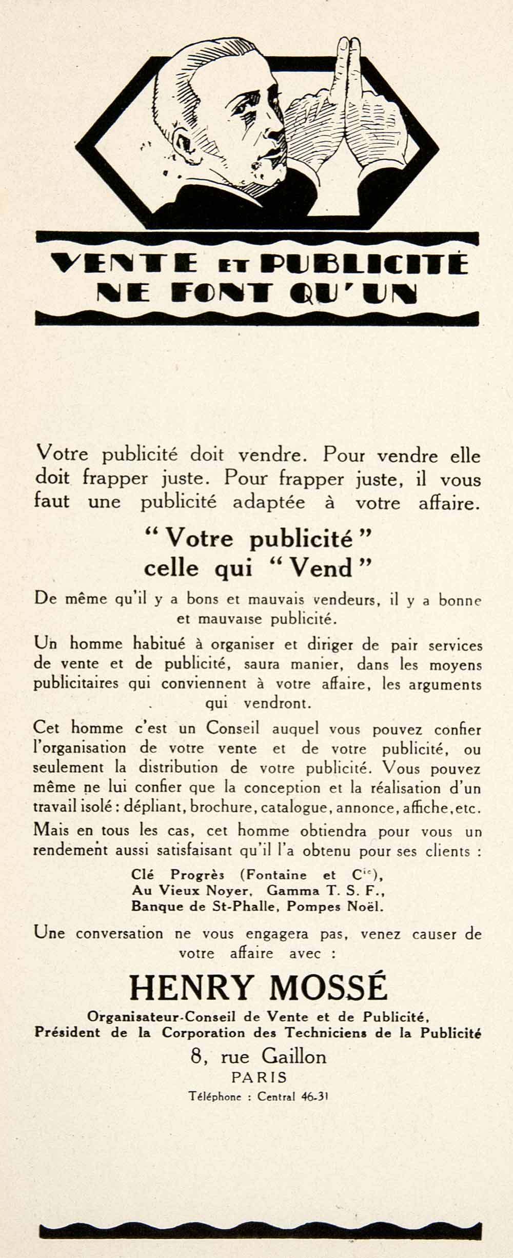 1926 Ad Henry Mosse 8 Rue Gaillon Professional Advertiser Marketer Paris VEN4