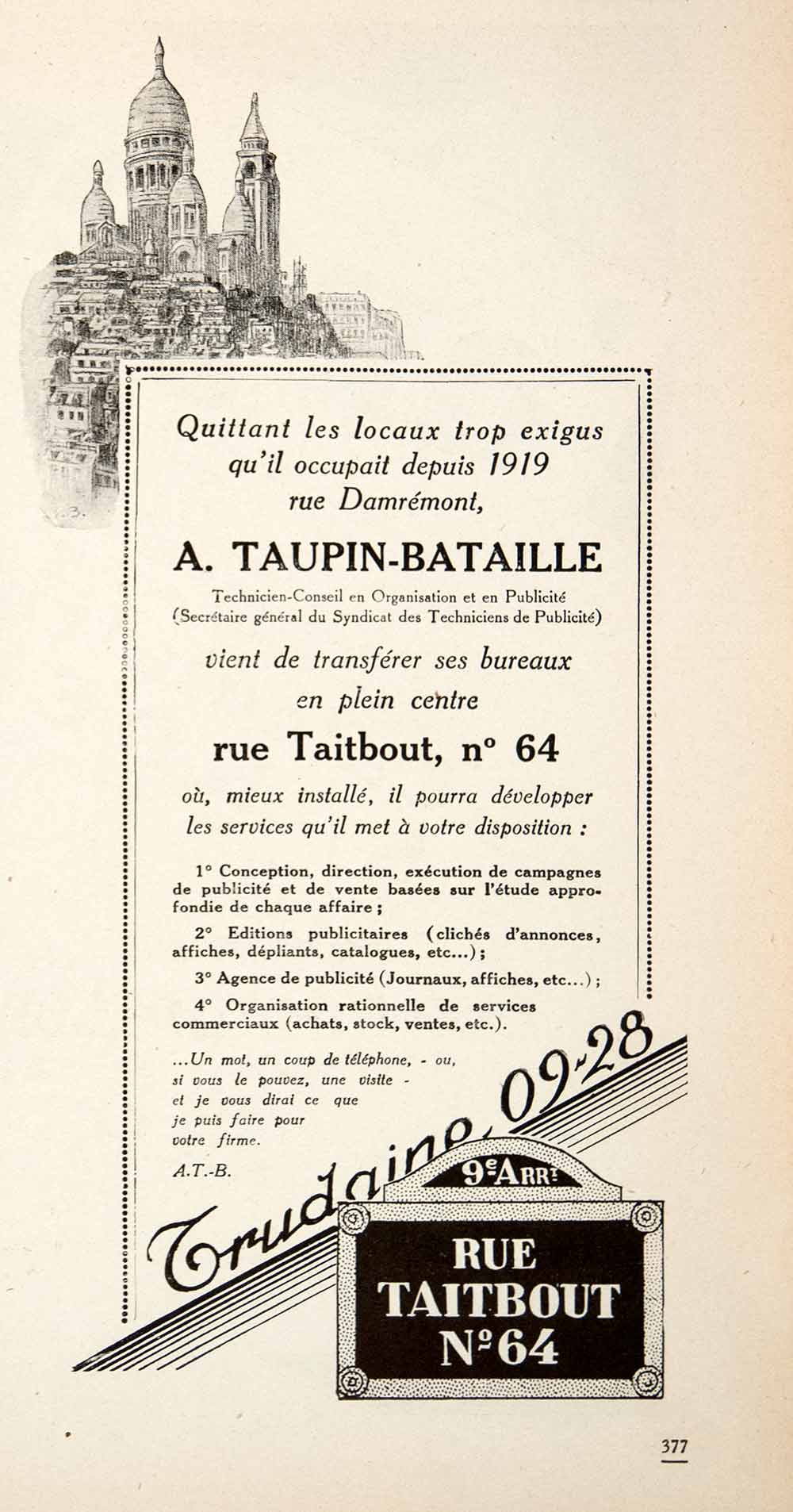 1926 Ad Taupin-Bataille Address Change 64 Rue Taitbout Marketing VEN4