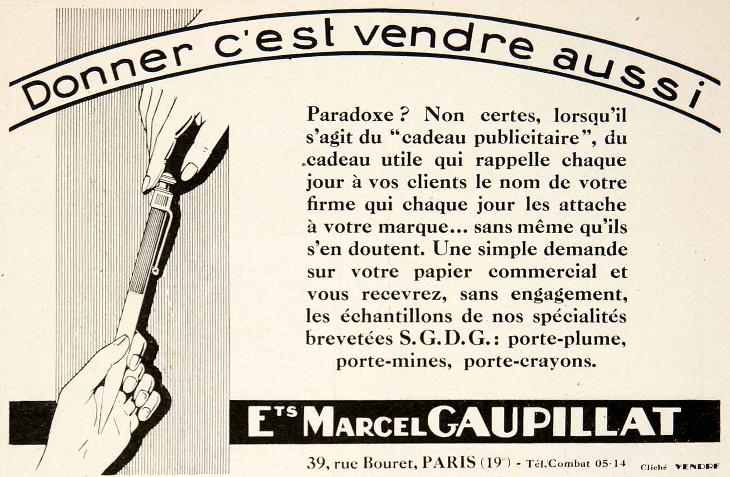 1926 Ad Marcel Gaupillat 39 Rue Bouret Paris Marketing Advertising Pen VEN4