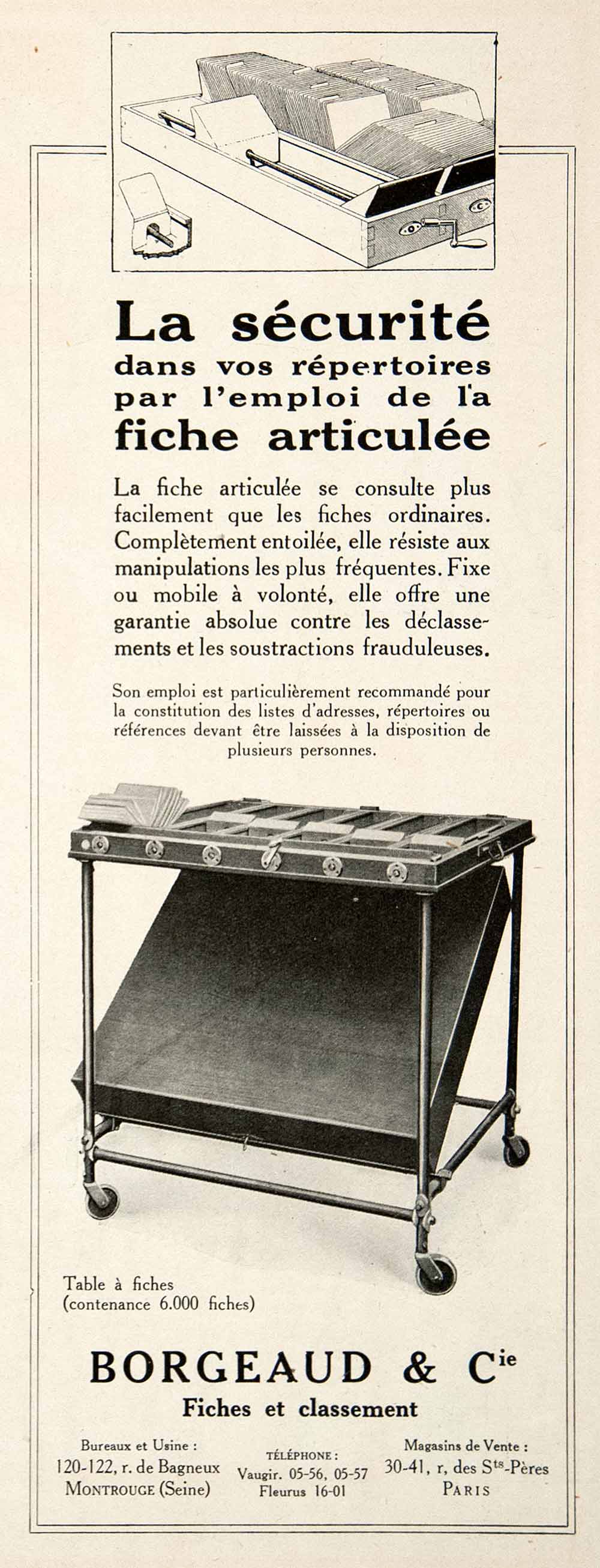 1926 Ad Borgeaud Filing System Moveable 30 Rue Saints-Peres Paris Office VEN4