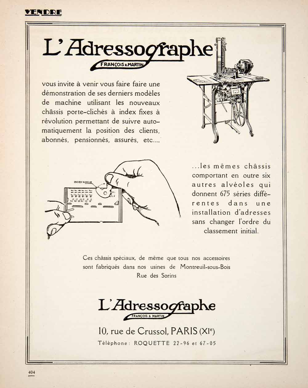 1925 Ad Adressographe Francois Martin 10 Rue Crussol Paris Addressograph VEN4