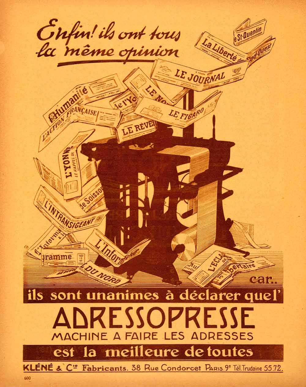 1925 Ad Adressopresse Addressograph Klene 38 Rue Condorcet Paris Figaro VEN4