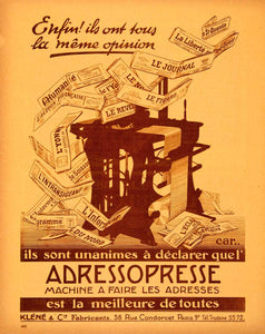 1925 Ad Adressopresse Addressograph Klene 38 Rue Condorcet Paris Figaro VEN4