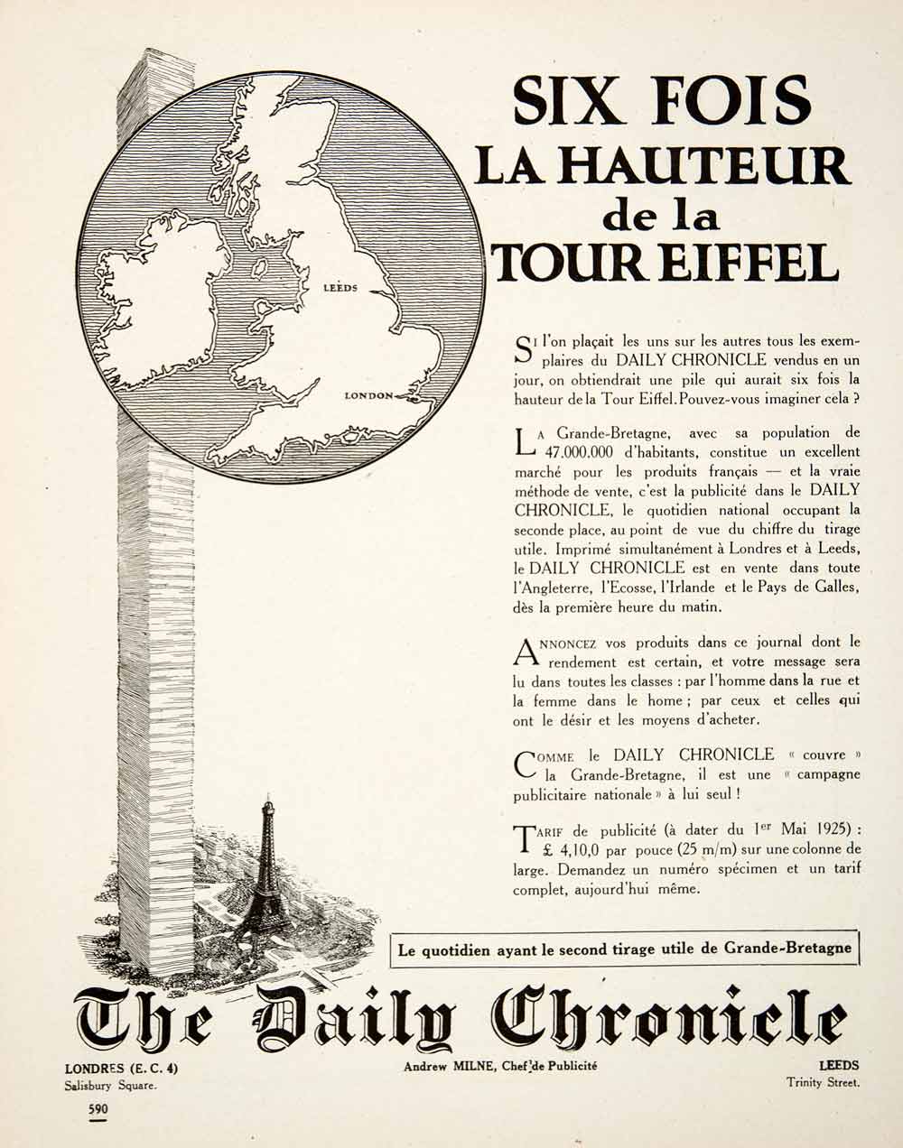 1925 Ad Daily Chronicle Andrew Milne Eiffel Tower Leeds UK Advertising VEN4