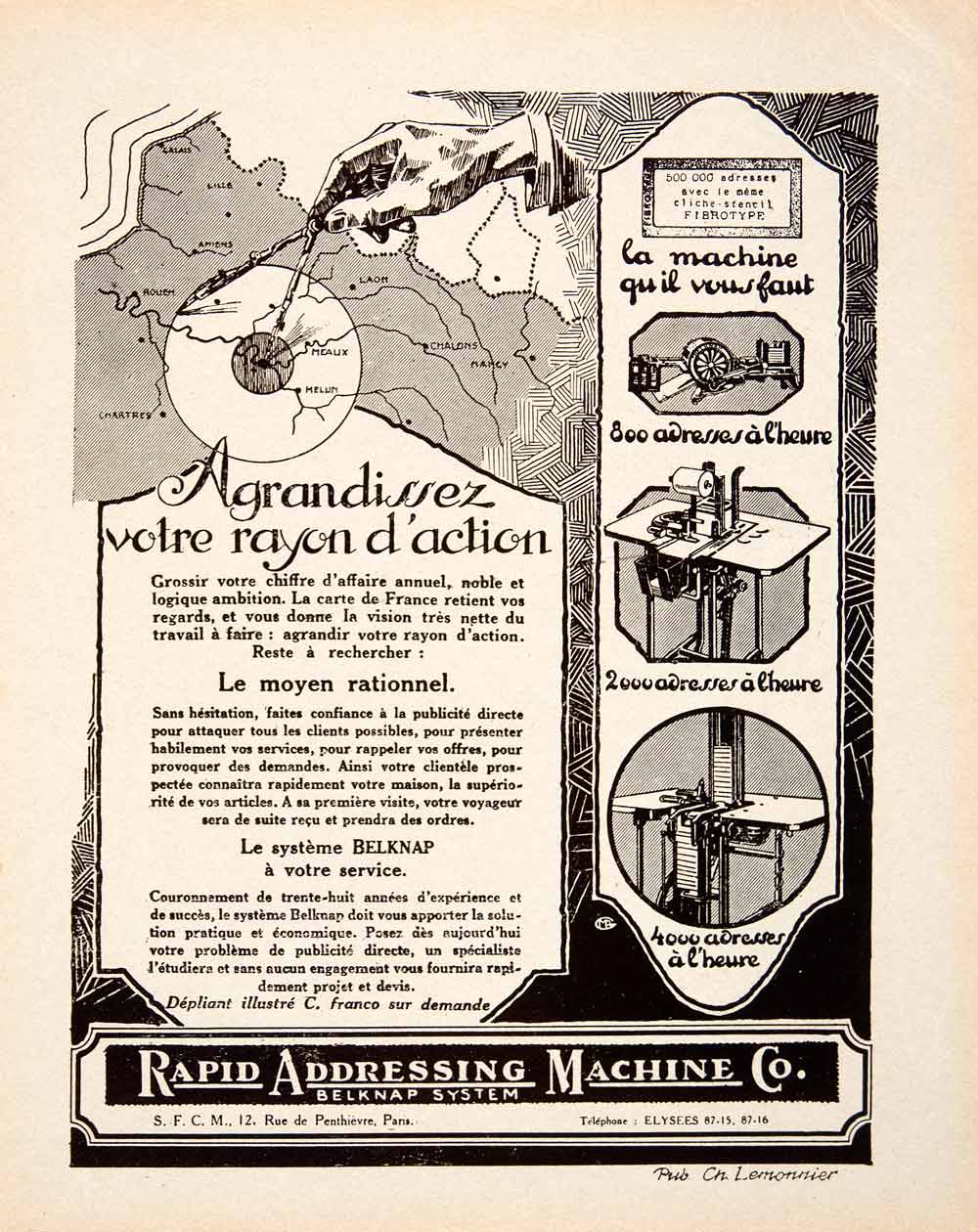 1925 Ad Rapid Addressing Machine Belknap System Lemonnier 12 Rue Penthievre VEN4