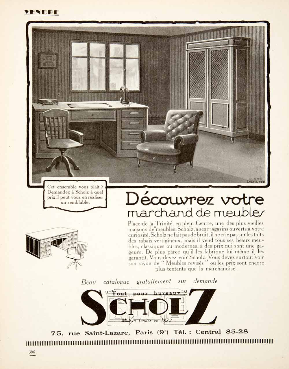 1925 Ad Scholz 75 Rue Saint-Lazare Paris Furniture Desk Armchair Cabinet VEN4