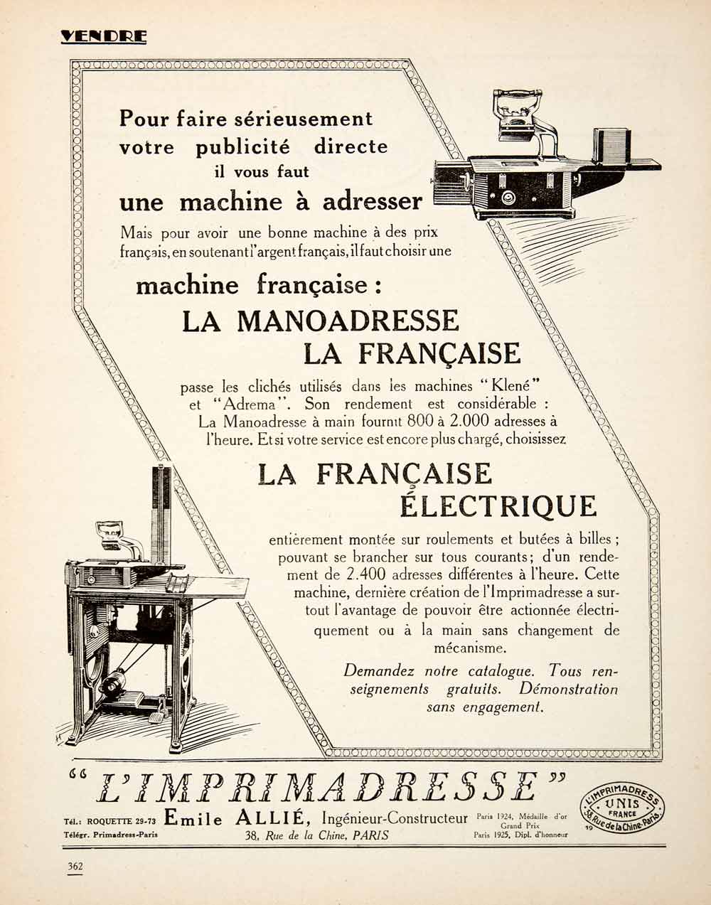 1925 Ad Manoadresse Addressograph Imprimadresse Emile Allie 30 Rue Chine VEN4