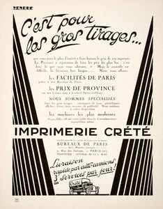 1925 Ad Imprimerie Crete Printing Press Firm 2 Rue Italiens Paris Province VEN4