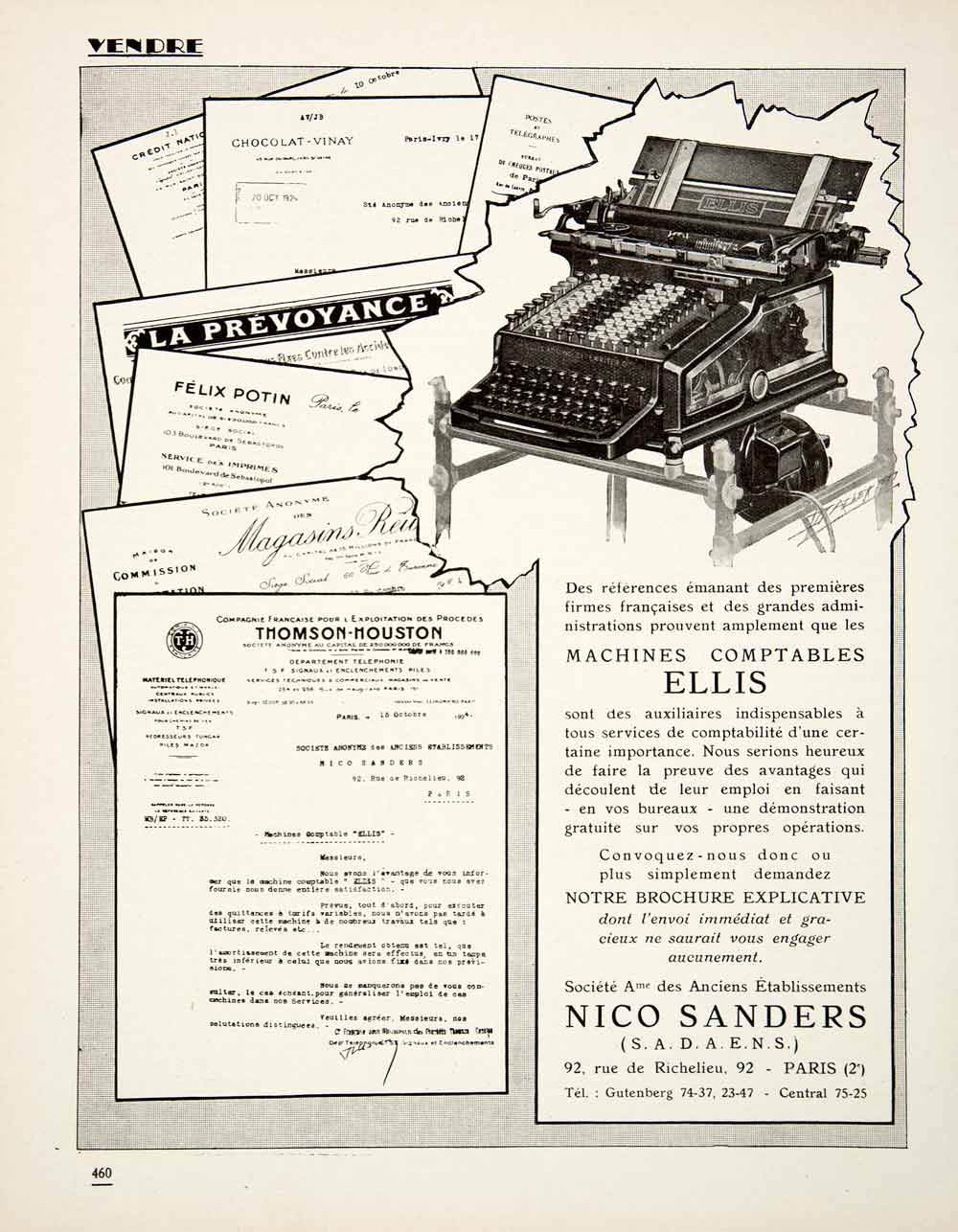 1925 Ad Nico Sanders Accounting Machine Ellis Calculator 92 Rue Richelieu VEN4